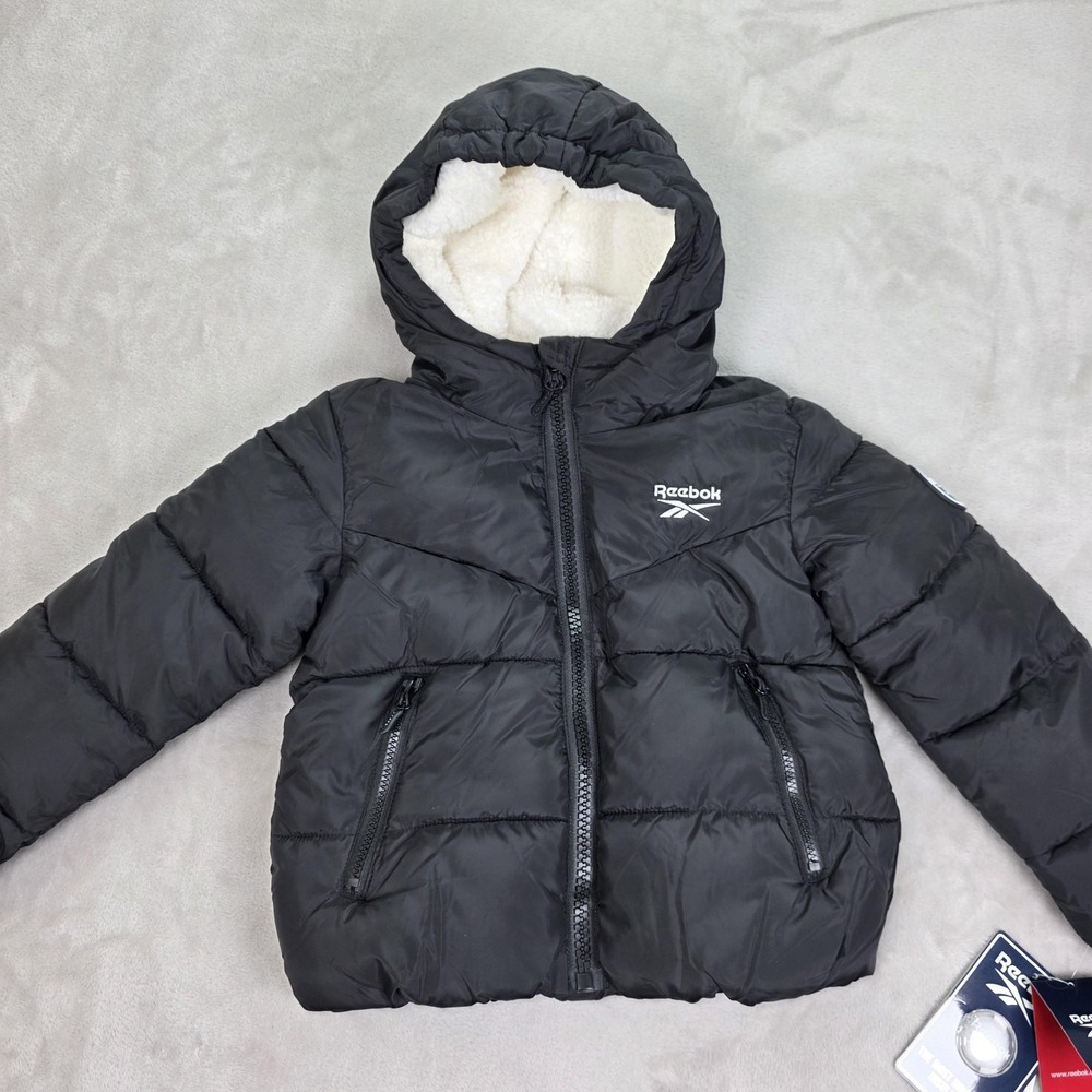 Reebok Jacket Youth 5/6 Black Hooded Puffer Faux Fur Sherpa Lined Winter O2RB697